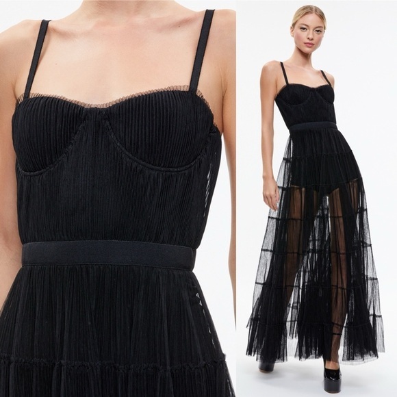 NWT Alice + Olivia Deena Pleated Maxi Dress with Hot Pants‎ Size 2 Black - Picture 15 of 16
